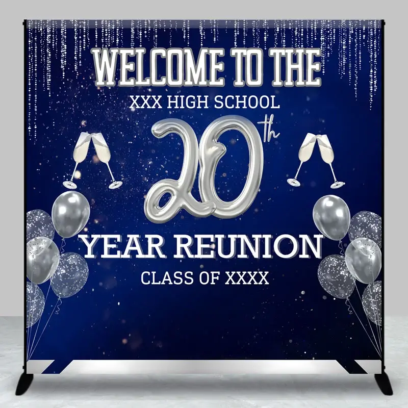 Aperturee Custom 20th Year High School Reunion Backdrop, Silver Balloons and Champagne, Personalized Class Reunion Decor, 3x3ft