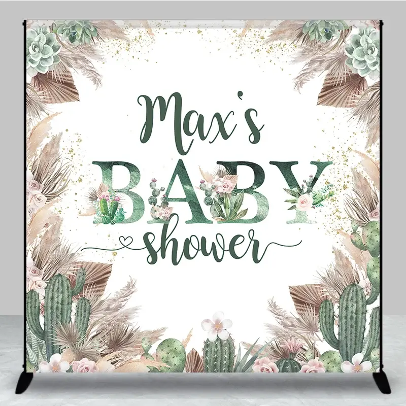 Aperturee Boho Floral Cactus Desert Custom Baby Shower Backdrop, 3X3FT(1X1M), 15 USD, custom baby shower backdrops, DZZH0E524-O
