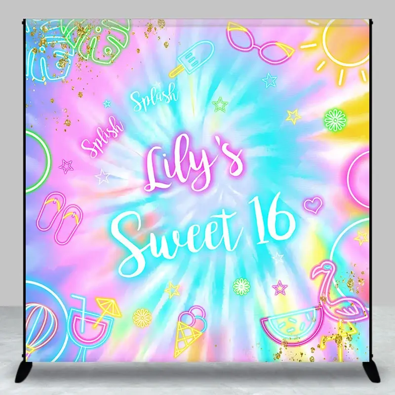 Aperturee Neon Shiny Pattern Summer Custom Birthday Backdrop, 3X3FT(1X1M), 15 USD, custom birthday backdrops, DZZH0G236-O