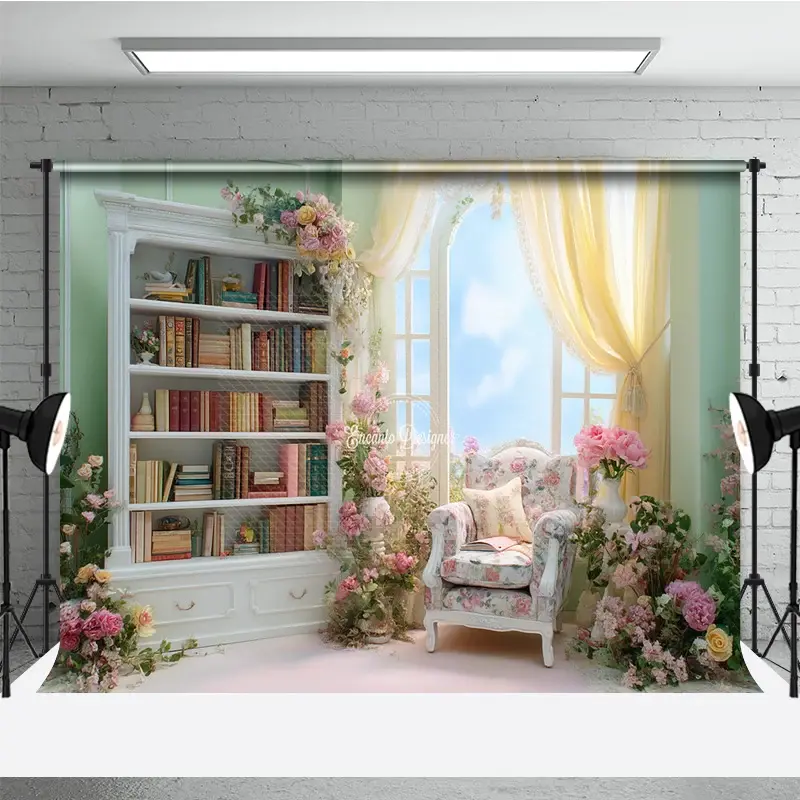 Aperturee Elegant Pink Library Photography Backdrop, Bookshelf with Floral Arch, Fairytale Wedding Photo Background, 3x2ft (WxH)