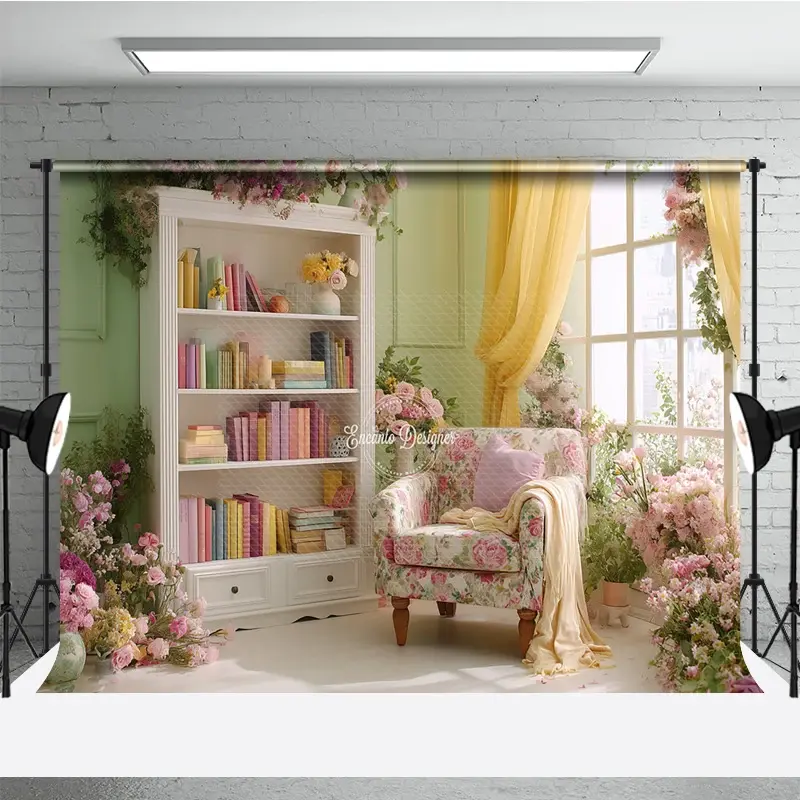 Aperturee Spring Room Interior Backdrop, Floral Armchair Bookcase Background, Sage Green Wall Photography Studio Props Portrait