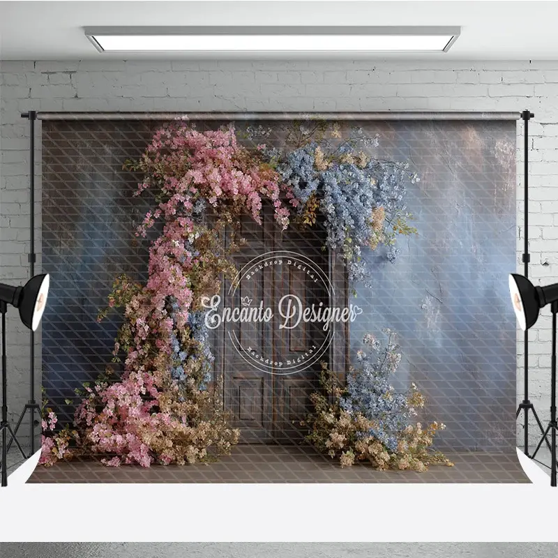 Aperturee Rustic Floral Wedding Backdrop, Vintage Dark Wood Door Background, Pink and Blue Blossoms Bridal Shower Photo Prop