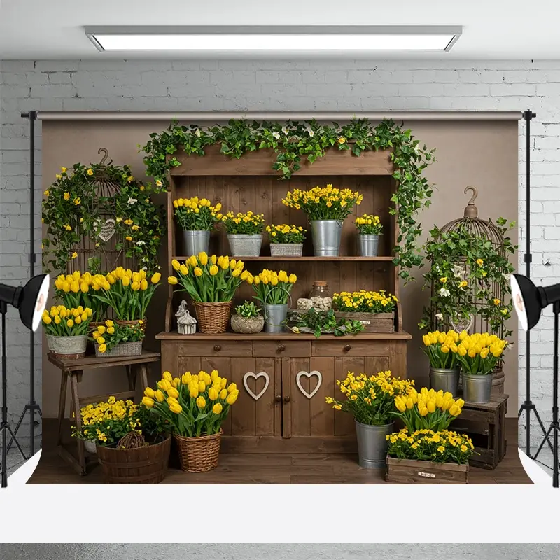 Aperturee Sweet Tulip Cabinet Wooded Yellow Indoor Backdrop, 3X2FT(1MX0.6M), 14 USD, spring backdrops, ENHD4L04-M