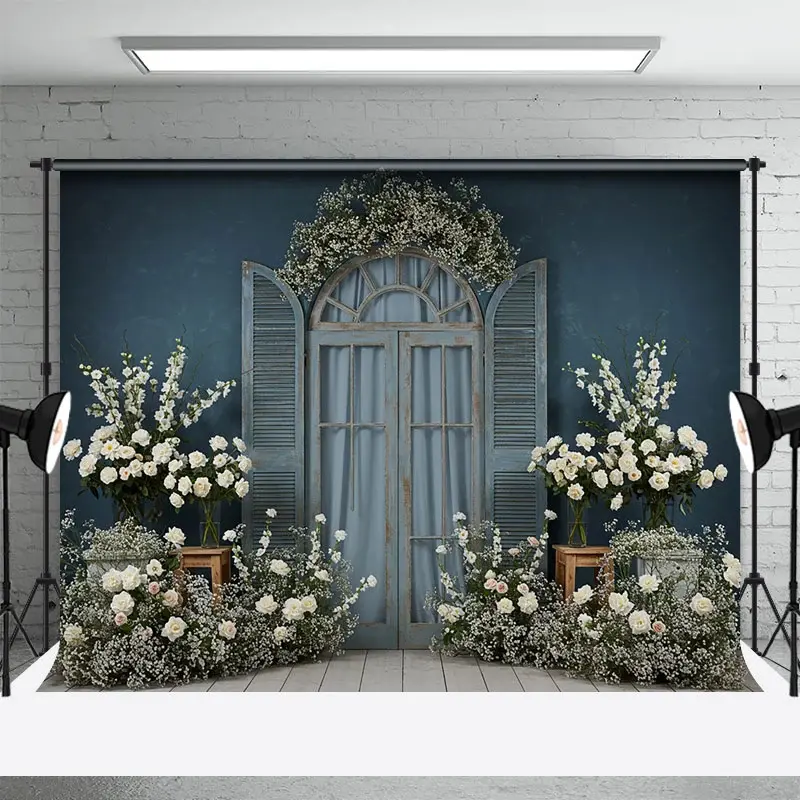 Aperturee Dark Blue Floral Wooden Window Photography Backdrop, 3X2FT(1MX0.6M), 14 USD, door and window backdrops, ENHD4L97-M
