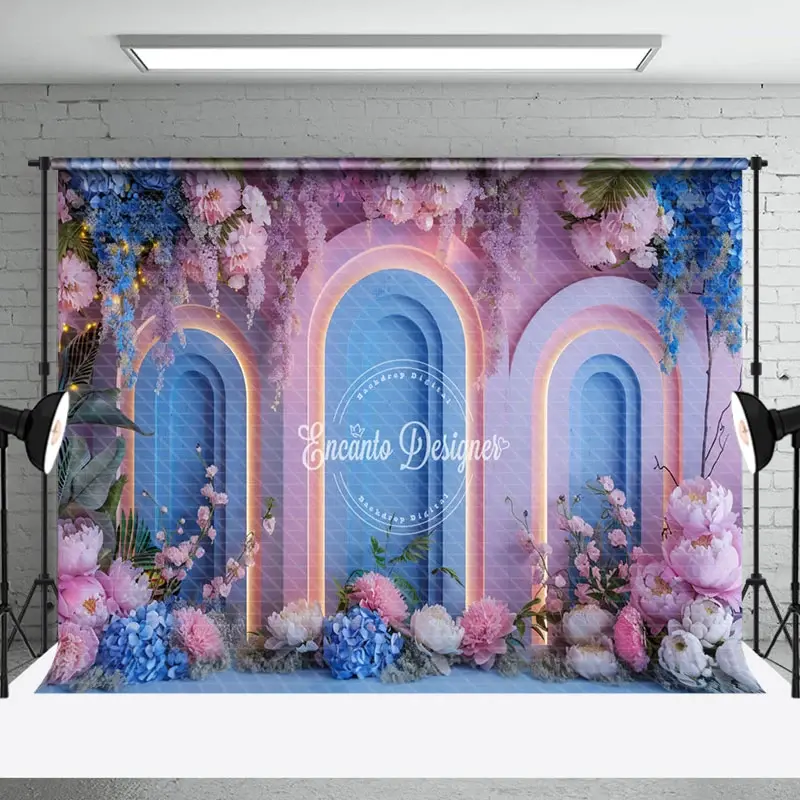 Aperturee Blue Pink Light Arch Romantic Floral Wedding Backdrop | Wedding Photo Booth Backdrop | Wedding Stage Backdrop | Happy Marriage Banner Photo