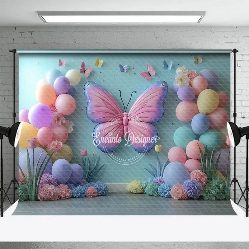Aperturee Sweet Butterfly Balloons Floral Cake Smash Backdrop, 3X2FT(1MX0.6M), 14 USD, birthday cake smash backdrops, ENHD6K75-M