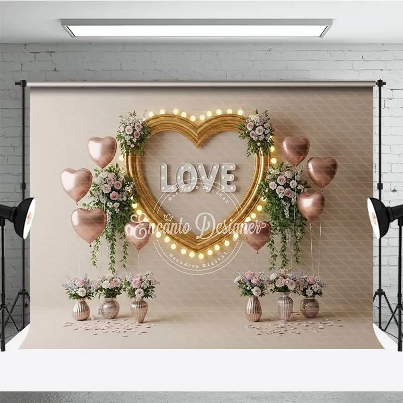 Aperturee Gold Heart Frame Marquee Lights Backdrop LOVE Letters Pink Balloons Floral Photography Background