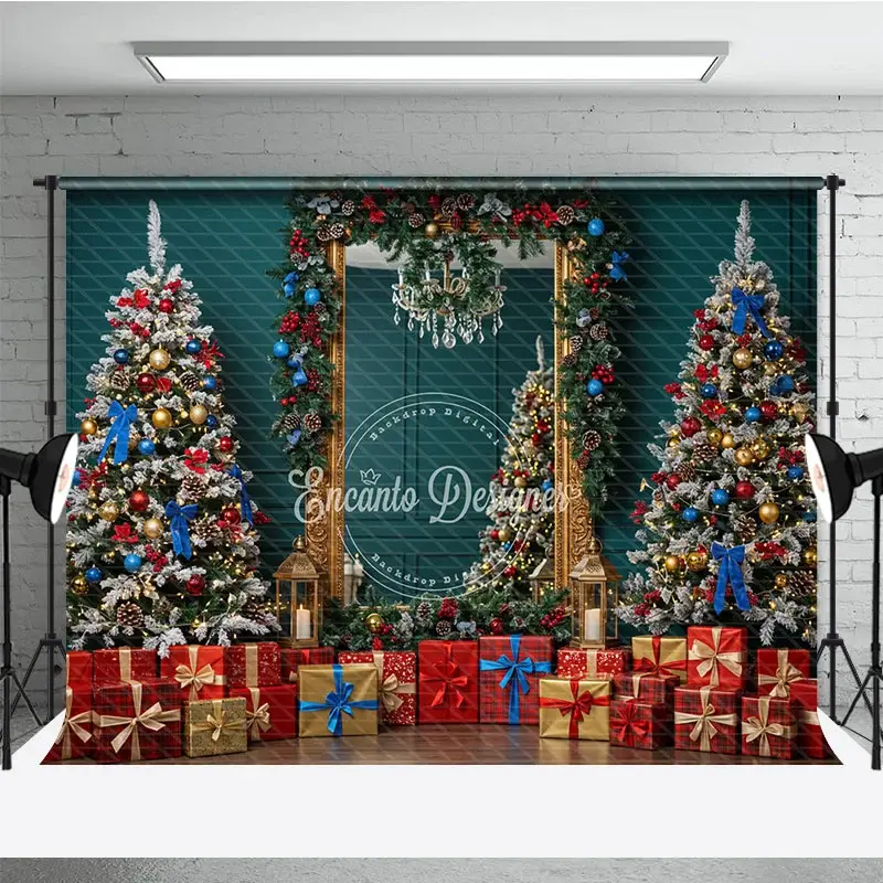Aperturee Elegant Christmas Mirror Photography Backdrop, Red and Blue Ornaments with Garland, Classic Holiday Photo Background, 3x2ft (WxH)
