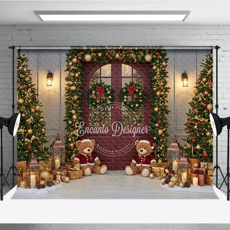 Aperturee Christmas Red Door Photography Backdrop, Teddy Bears in the Snow with Garland, Holiday Mini Session Background, 3x2ft (WxH)