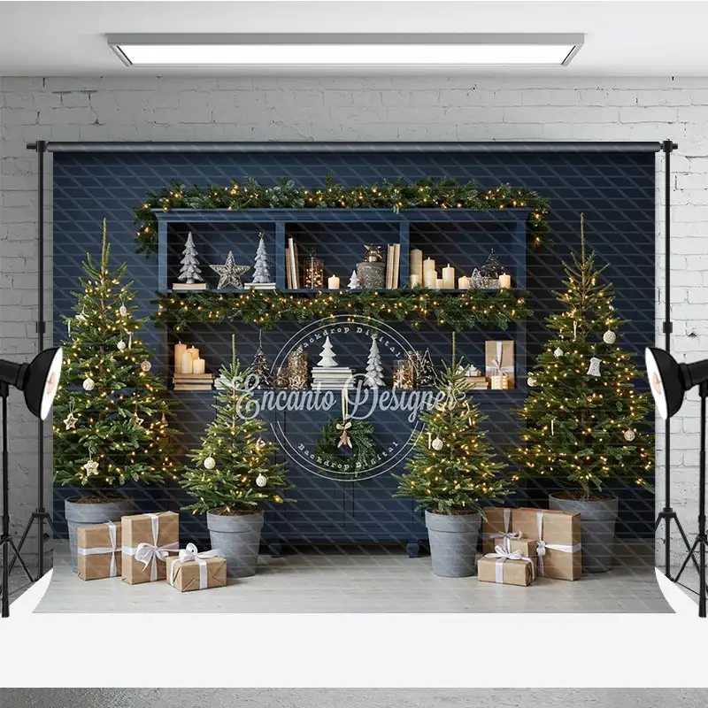 Aperturee Blue Farmhouse Hutch Christmas Photography Backdrop, Neutral Holiday Decor with Trees, Modern Rustic Background, 3x2ft (WxH)