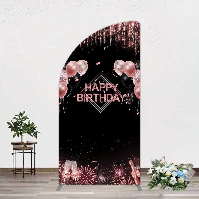 Aperturee Happy Birthday Half Moon Arch Backdrop, Rose Gold Balloons Black Glitter Champagne Decor