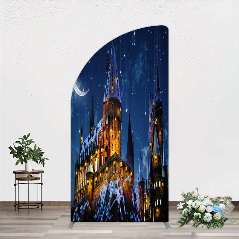 Aperturee Arch Backdrop Magic Castle Night, Wizard School Winter Moon Starry Sky Arch Cover, Fantasy Studio Prop