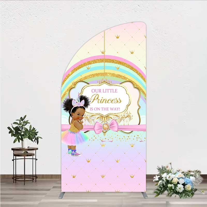 Aperturee Our Little Princess Baby Shower Arch Backdrop Rainbow and Gold Crowns Pink Background, Professional Baby Portrait Prop