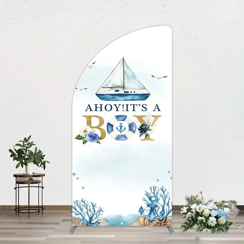 Aperturee Ahoy Boy Seagulls Boat Baby Shower Half Moon Arch Backdrop, 1.6 x 4 ft (0.5 x 1.2 m), 98.18 USD, arch backdrop kit, GLH0C881YL-AJ