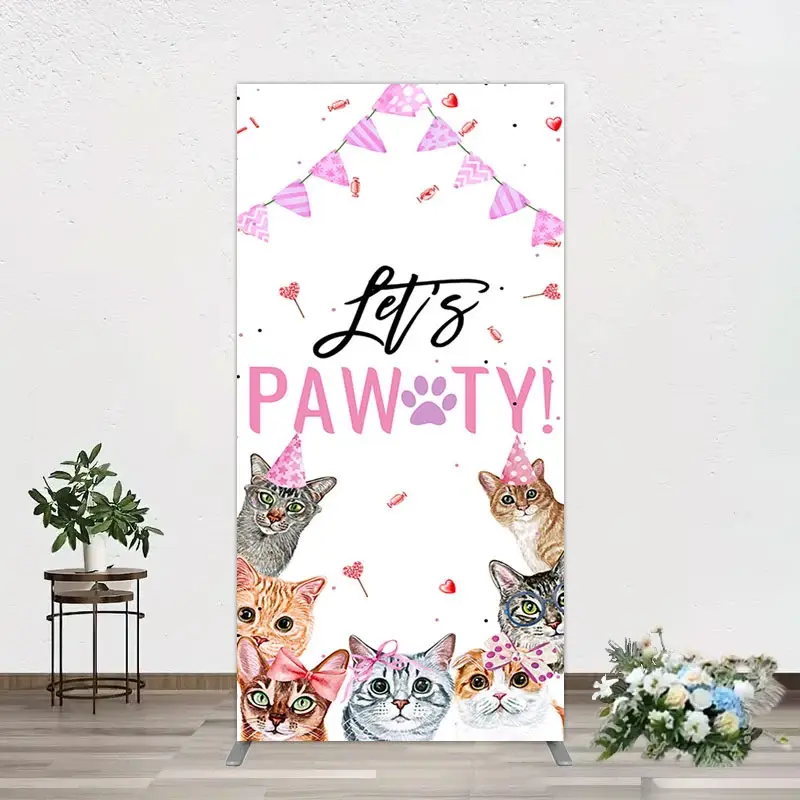 Aperturee Pink Flag Ribbons Lets Pawty Cute Cats Rectangle Backdrop, 1.6 x 4 ft (0.5 x 1.2 m), 98.18 USD, arch backdrop kit, GLH0E891CF-AJ