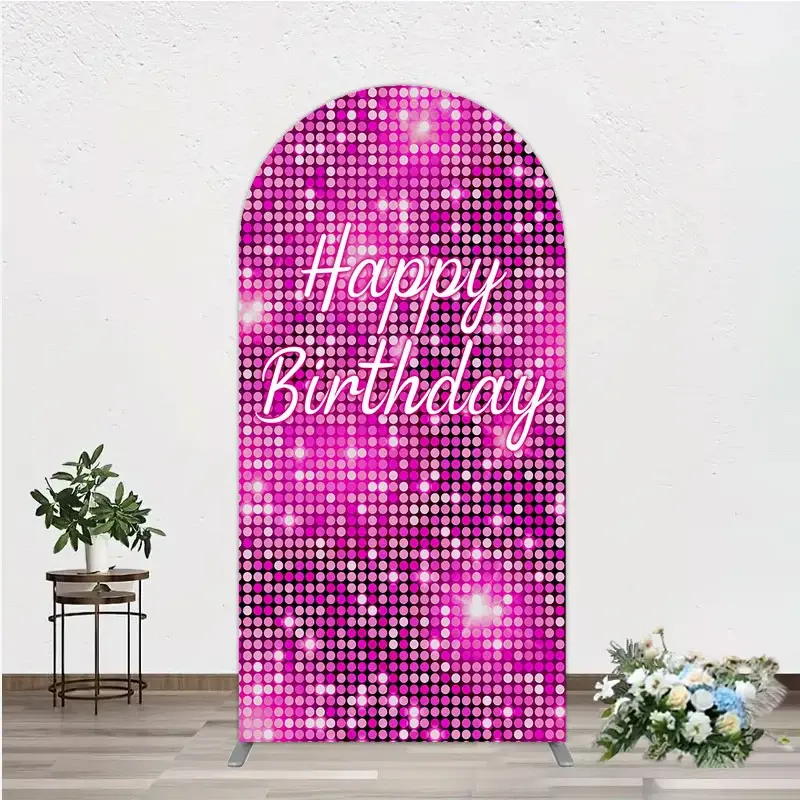 Aperturee Happy Birthday Pink Disco Arch Backdrop, Glam Sequin Glitter Effect, Girl's Night Out Party Photo Booth Decor, 1.6x4ft (50x120cm)