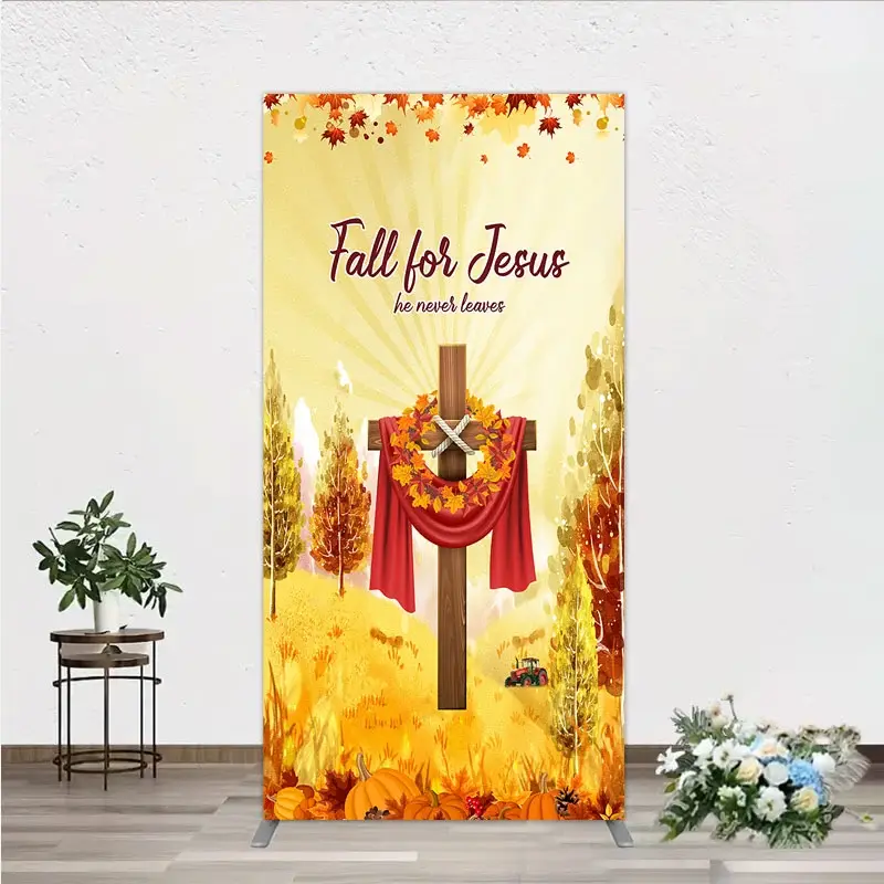 Aperturee Fall for Jesus Rectangle Backdrop for Christian Autumn Festival, Cross with Pumpkins, He Never Leaves Harvest Decor, 1.6x4ft (50x120cm)