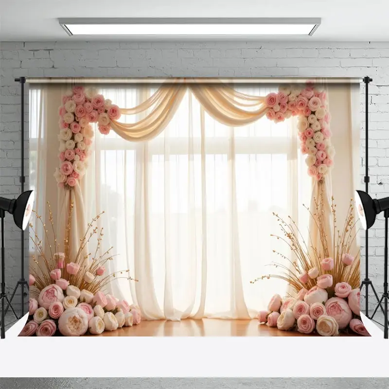 Aperturee Romantic Pink Floral Drapery Wedding Photo Backdrop, 3X2FT(1MX0.6M), 14 USD, wedding backdrops, HFHD5K77-M