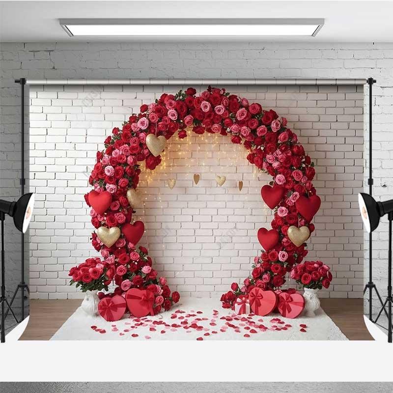 Aperturee Valentine's Day Red Rose Arch Photography Backdrop Brick Studio Background Romantic Decoration Professional Photography Props