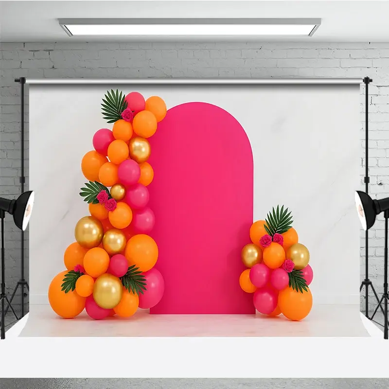 Aperturee Tropical Balloon Arch Cake Smash Backdrop, Pink Orange and Gold Balloons, Summer Themed First Birthday Photo Prop, 3x2ft (WxH),