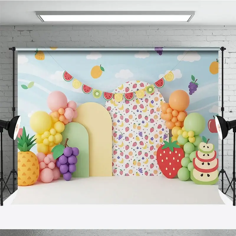 Aperturee Tutti Frutti Backdrop, Colorful Fruit Theme with Watermelon and Pineapple Kids Birthday Party Banner Prop