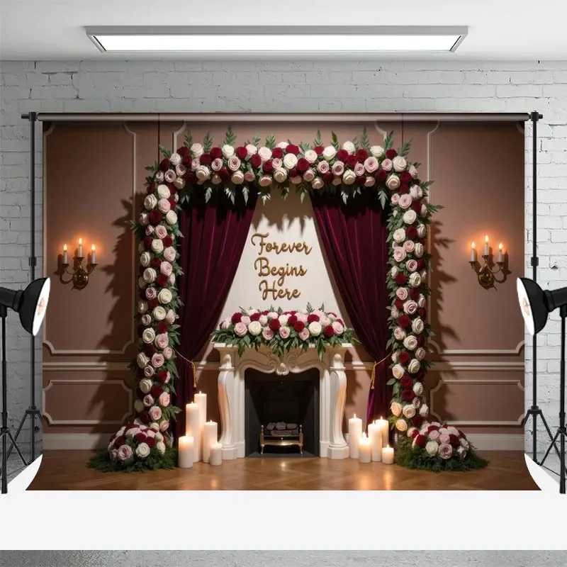 Aperturee Velvet Floral Curtain Candles Sweet Wedding Backdrop, 3X2FT(1MX0.6M), 14 USD, wedding backdrops, HFHD9K24-M