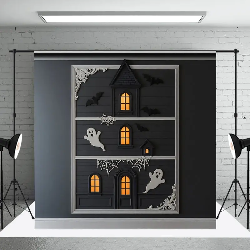Aperturee Modern Framed Haunted House Photography Backdrop, Minimalist Ghost and Bat Decor, Spooky Chic Wall Art Background, 3x2ft (WxH)