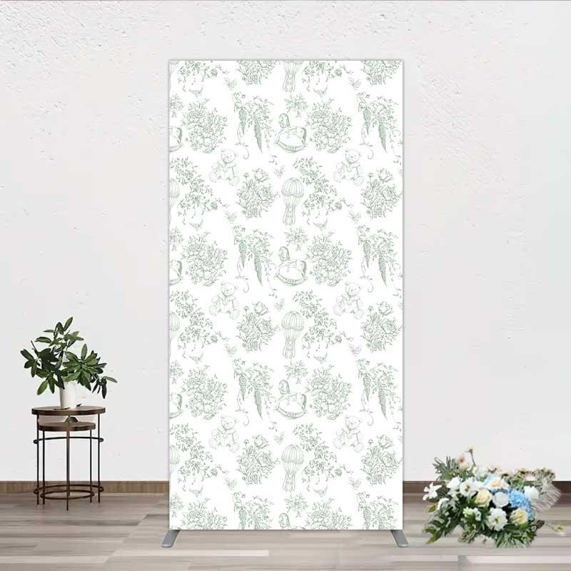 Aperturee Green Toile de Jouy Rectangle Backdrop, Vintage Horse Teddy Bear and Balloon Pattern Decoration