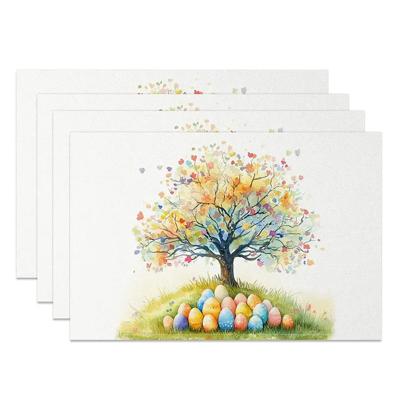 Aperturee Easter Colorful Tree Set of 4 Placemats Rainbow Eggs Heart Leaves Table Mats Spring Holiday Kitchen Decor