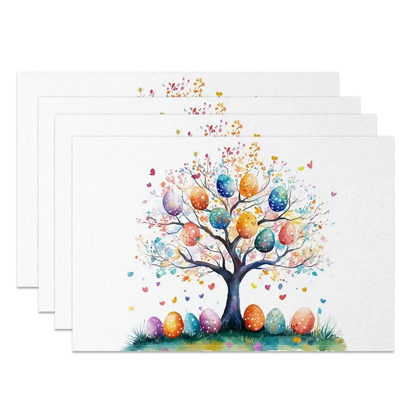 Aperturee Colorful Easter Egg Tree Set of 4 Placemats Watercolor Spring Party Decoration Holiday Dining Table Mat Home Decor