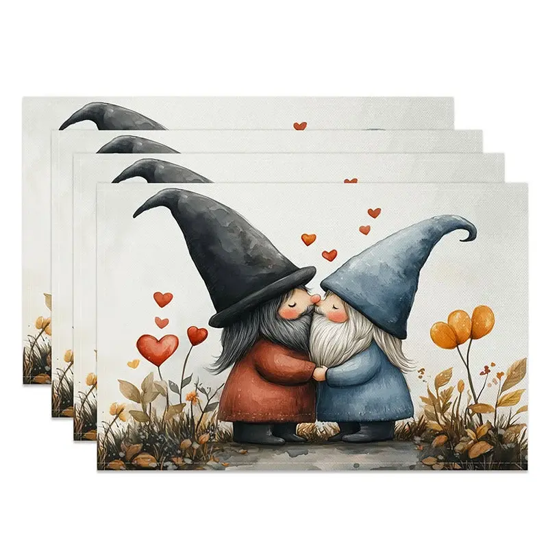 Aperturee Kissing Gnome Tall Hat Set of 4 Placemats Red Heart Valentine Decoration Whimsical Love Dining Table Mat Home Accessory