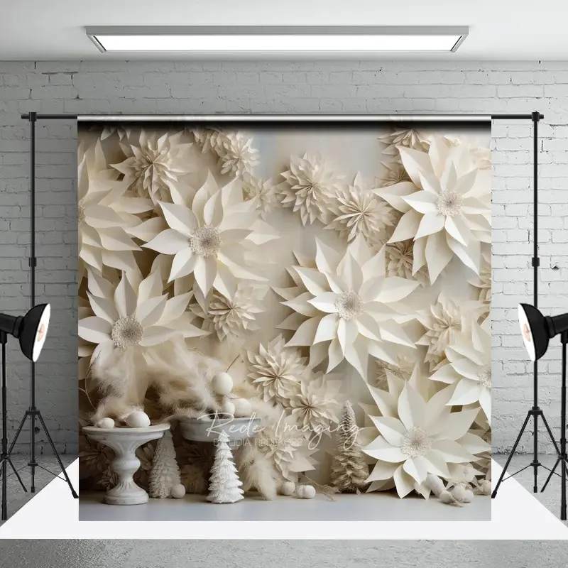 Aperturee 3D White Paper Flowers Photography Backdrop, Winter Wedding or Bridal Shower, Elegant Poinsettia Wall Decor,