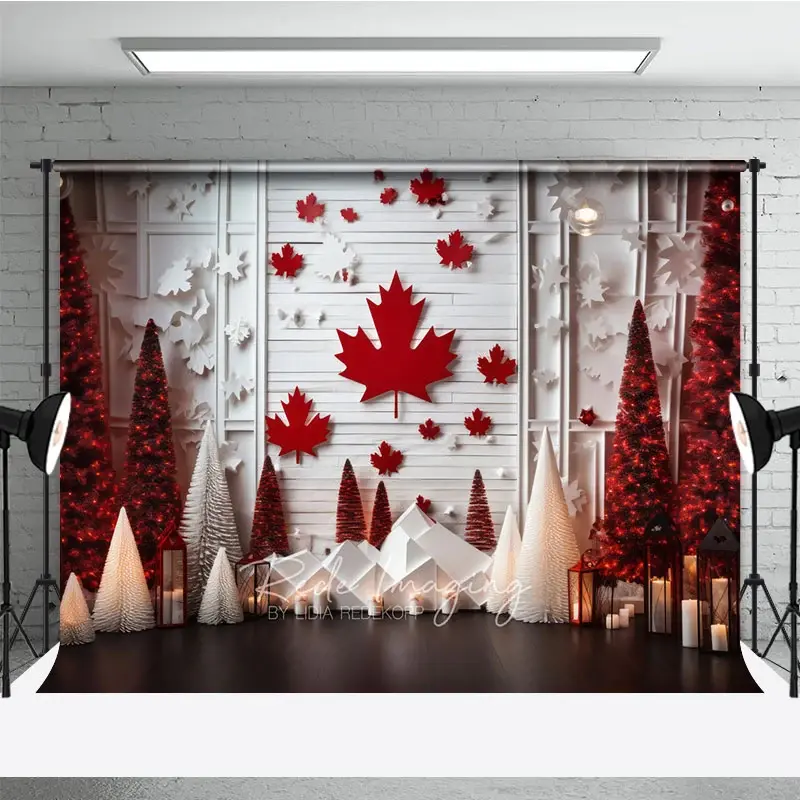 Aperturee Canadian Christmas Photography Backdrop, Red Maple Leaf on White Wood Wall, Winter Wonderland Holiday Photo Prop, 3x