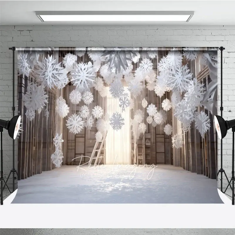 Aperturee Winter Wonderland Photography Backdrop with Hanging Paper Snowflakes, White Christmas, Rustic Holiday Photo Booth, 3x2ft (WxH)