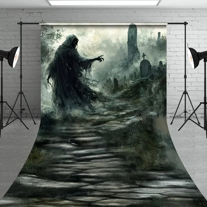 Aperturee Grim Reaper in Haunted Graveyard Sweep Backdrop, Misty Ghost Scene for Fine Art, Spooky Halloween Portraits, 5x7ft (WxH), 42 USD, sweep ba