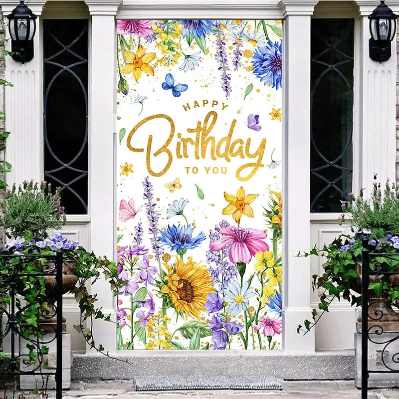 Aperturee Colorful Floral Happy Birthday To You Door Cover, 30x80 Inch, 28.48 USD, birthday door covers, LXML143A-A