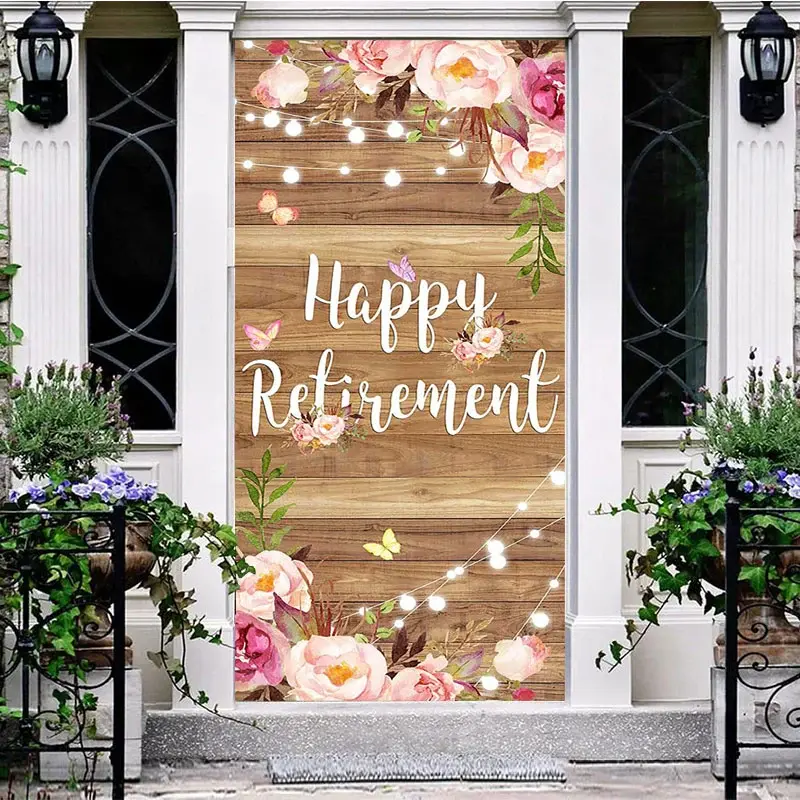 Aperturee Lighted Floral Wooden Happy Retirement Door Cover, 30x80 Inch, 28.48 USD, party door covers, LZML134A-A