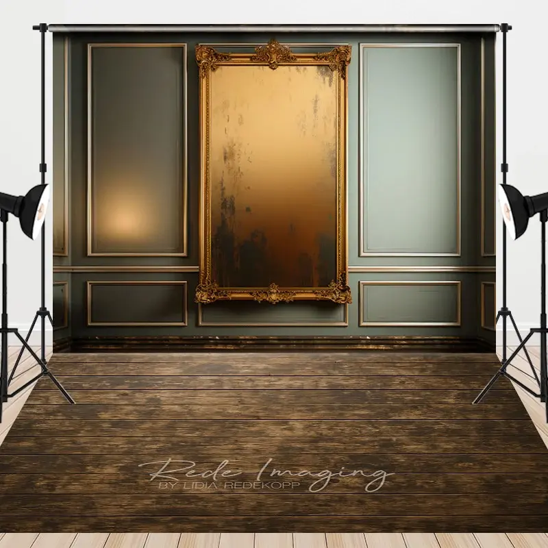 Aperturee Green Wall Gold Mirror Wood Floor Combo Set Backdrop, 7 x 5 ft / 7 x 5 ft, 97.4 USD, combo set backdrops, MMHD4A81-D, MATLRHD6K97-D