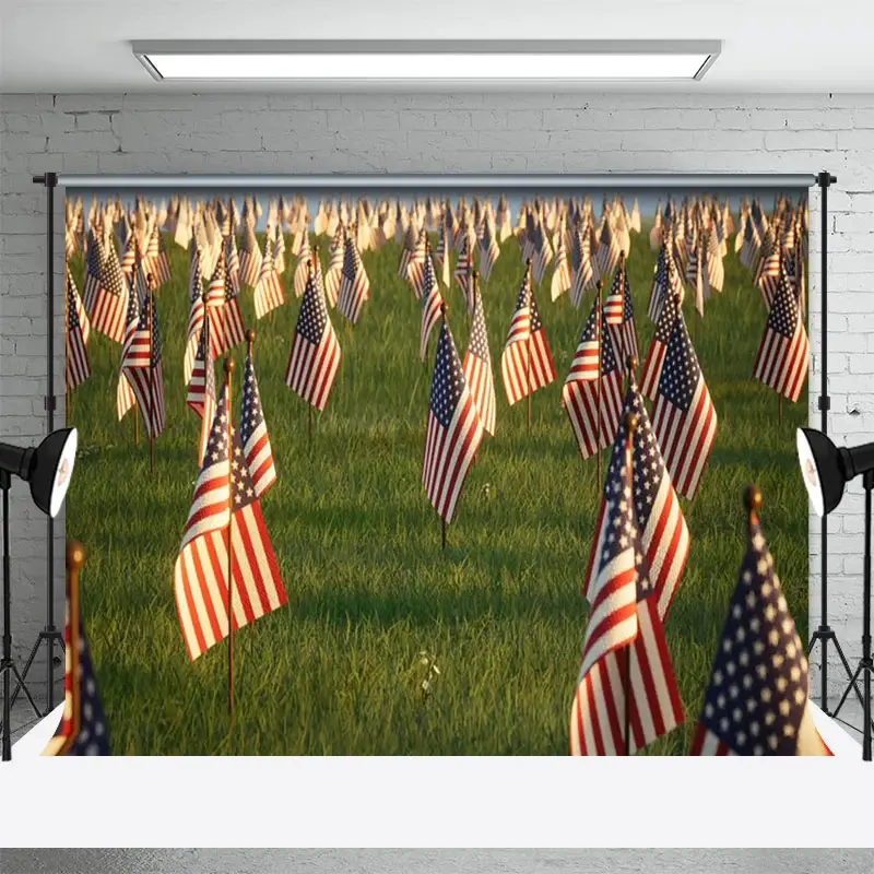 Aperturee American Flags Standing Grassland Mourn Backdrop, 3X2FT(1MX0.6M), 14 USD, memorial backdrops, NYHD11317002-M