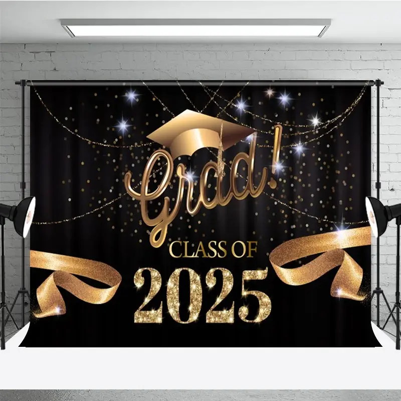 Aperturee Black Curtain Gold Ribbon Congrats Grad Backdrop, 3X2FT(1MX0.6M), 14 USD, graduation backdrops, NYHD11429458-M