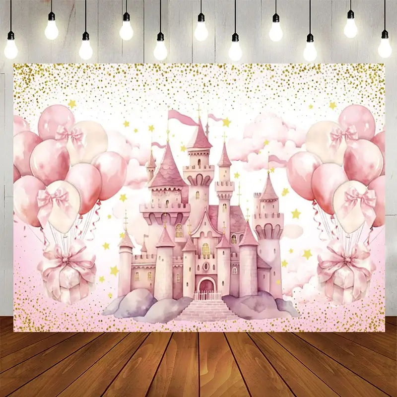 Aperturee Sweet Pink Balloon Castle Happy Birthday Backdrop, 5X3FT(1.5X9M), 326.56 USD, birthday backdrops, NYHD13001013-E