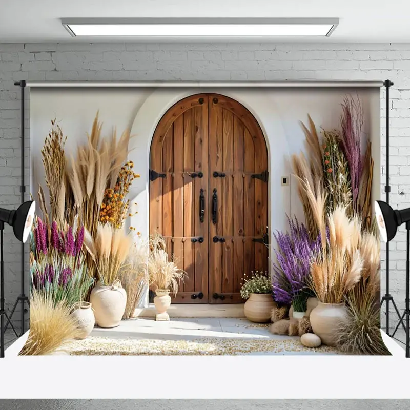 Aperturee Boho Floral Vase Retro Brown Door Wedding Backdrop | Photo Booth Background | Wall Background Photoshoot | Diy Photography Backdrop