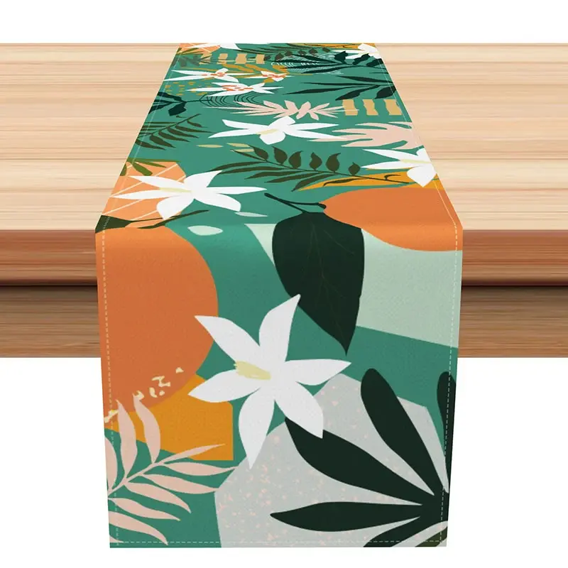 Aperturee Modern White Flower and Leaves Table Runner, Elegant Botanical Dining Decor, Simple and Fresh Farmhouse Kitchen, 12