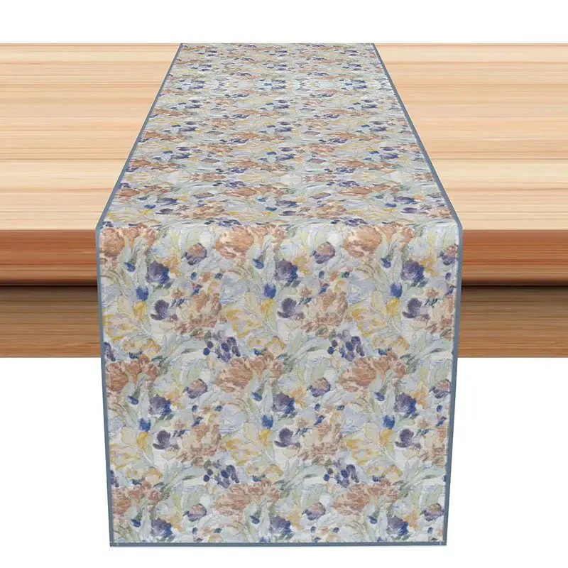 Aperturee Vintage Floral Table Runner with Painted Blue and Yellow Flowers, for Farmhouse Kitchen and Spring Decor, 12x72in (WxH), 15.52 USD, table