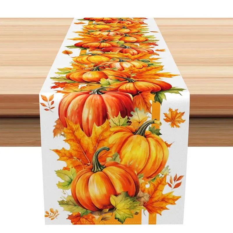Aperturee Fall Table Runner with Autumn Pumpkins and Maple Leaves, Rustic Farmhouse Decor for Thanksgiving Harvest, 12x72in (WxH), 15.52 USD, autumn