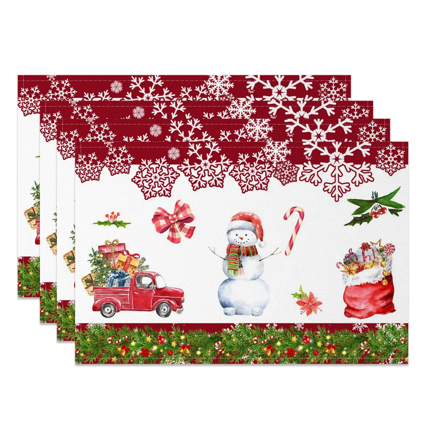 Aperturee Christmas Snowman Truck Gifts Set Of 4 Placemats, 14x12 Inch, 15.8 USD, NYWH00380-S, placemats