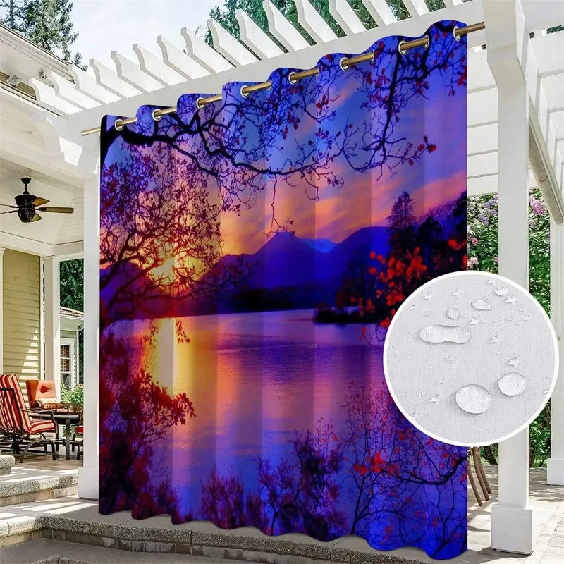 Aperturee Sunset Lake Waterproof Landscape Outdoor Curtains For Gazebo, W52in x L84in, 19.99 USD, printed outdoor curtains, S0D11663-S