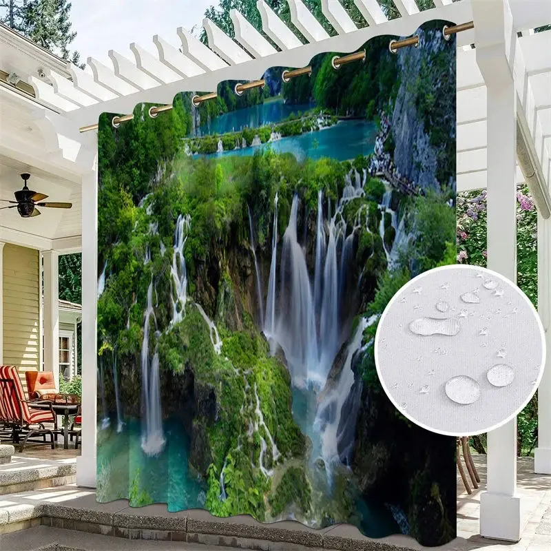 Aperturee Natural Waterwall Waterproof Printed Outdoor Curtains For Cabana, W52in x L84in, 19.99 USD, printed outdoor curtains, S0D11666-S