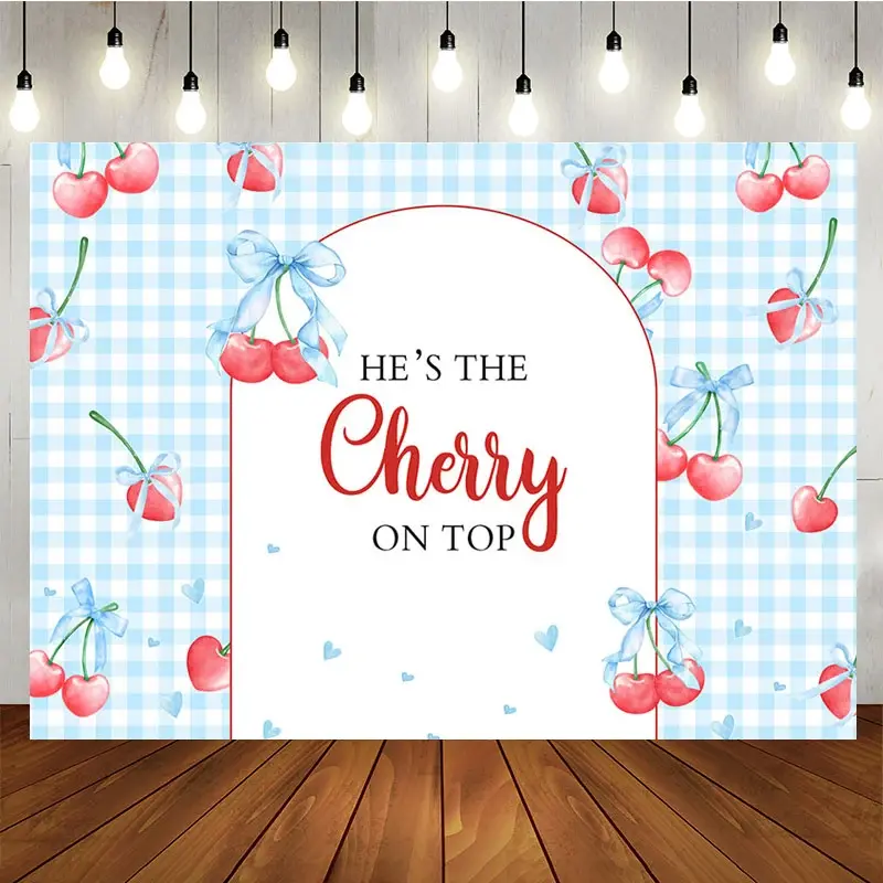 Aperturee Blue Plaid Red Cherry On Top Baby Shower Backdrop, 5X3FT(1.5X1M), 15.07 USD, baby shower backdrops, XQHD3X95-E