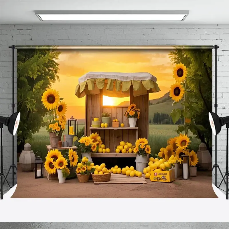 Aperturee Summer Sunset Sunflower Lemon Shelf Photo Backdrop, 3X2FT(1MX0.6M), 14 USD, summer backdrops, XQHD4X16-M